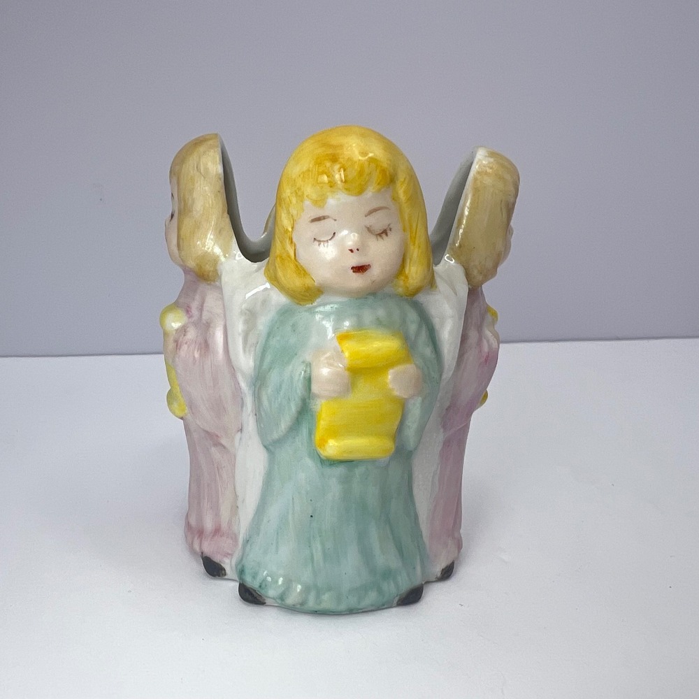 Vintage Pastel Angel Choir Candleholder Ceramic Christmas Religious Hand Painted